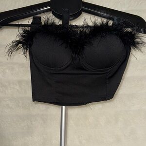 Black Feather Trim Bustier Top